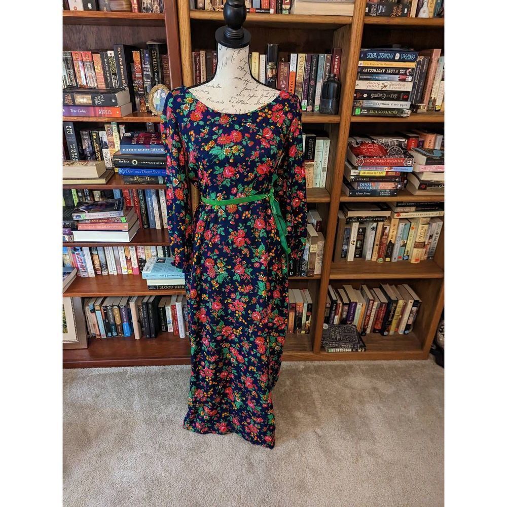 Jamsie blue and pink floral knit 70s maxi dress sz 14 euc